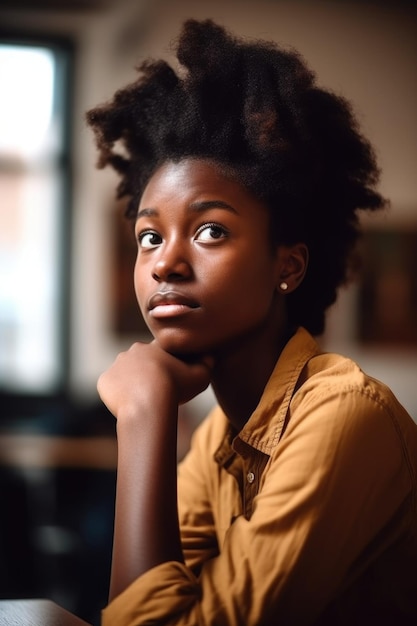 Photo d'une jeune femme qui a l'air pensive alors qu'elle est assise à l'école