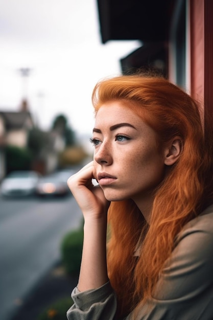 Une photo d'une jeune femme qui regarde réfléchie le trottoir devant sa maison créée avec l'IA générative