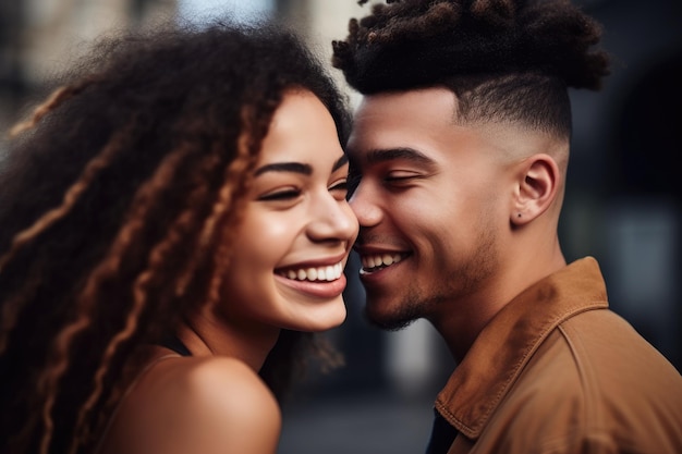 Photo d'une jeune femme regardant son petit ami et souriant créée avec une IA générative