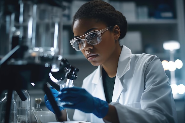 Photo d'une jeune femme scientifique travaillant dur dans son laboratoire créé avec une IA générative