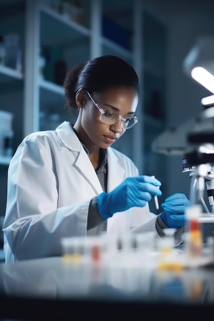 Photo d'une jeune femme scientifique travaillant avec des échantillons dans un laboratoire créé avec une IA générative