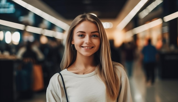 Photo d'une jeune femme souriante avec des sacs à provisions dans le centre commercial Generative AI