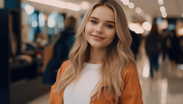 Photo d'une jeune femme souriante avec des sacs à provisions dans le centre commercial Generative AI