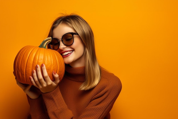 Une photo d'une jeune femme tenant une citrouille et une feuille d'automne avec un fond orange