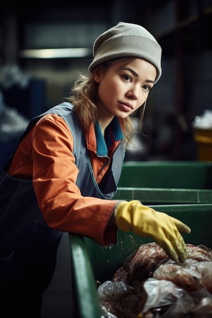 Une photo d'une jeune femme triant les déchets recyclables dans une usine de recyclage