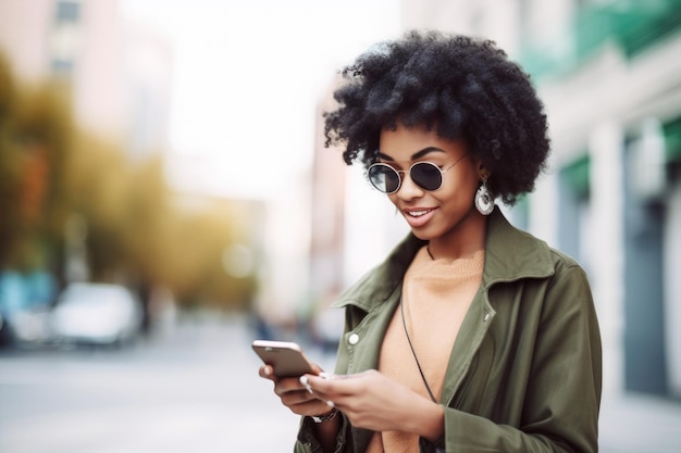 Photo d'une jeune femme utilisant son smartphone pour envoyer un texte créé avec une IA générative