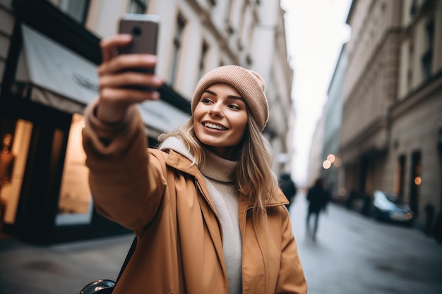 Une photo d'une jeune femme utilisant son smartphone et prenant des selfies dans la ville