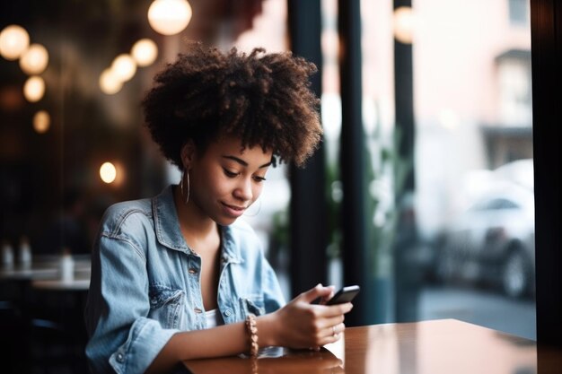 Photo d'une jeune femme utilisant son téléphone portable dans un café créé avec une IA générative