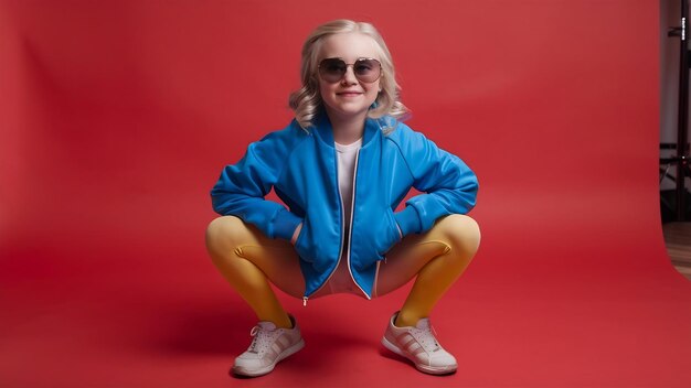 Photo d'une jeune fille blonde audacieuse et confiante en veste bleue qui s'accroupit dans un studio avec une jambe courbée.