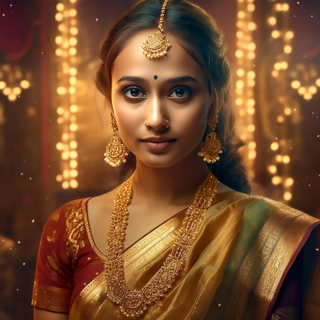 Photo d'une jeune fille glamour portant un beau sari sur fond marron