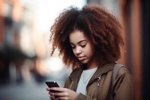 Photo d'une jeune fille lisant un message texte sur son téléphone portable créé avec une IA générative