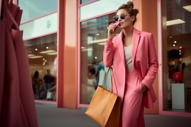 photo d'une jeune fille en pantalon rose parlant sur son téléphone portable avec des sacs d'achat colorés à la main