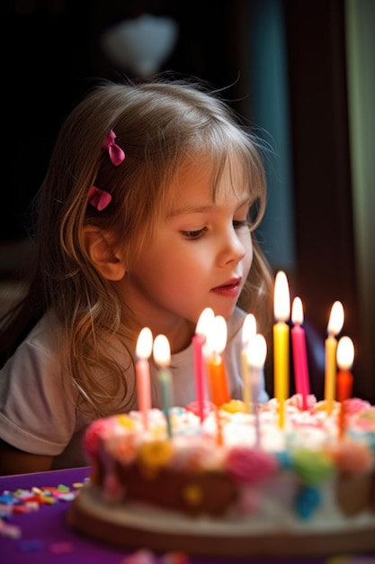 photo d'une jeune fille qui éteint ses bougies de gâteau d'anniversaire créées avec l'IA générative