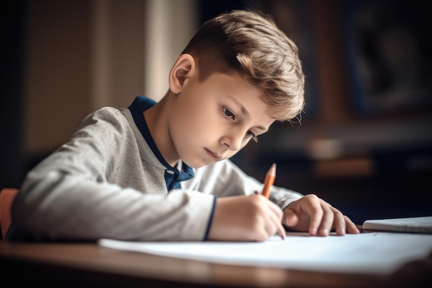 Photo une photo d'un jeune garçon faisant ses devoirs à l'école créée avec l'ia générative