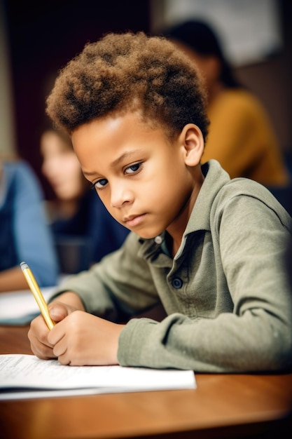 Photo d'un jeune garçon travaillant sur un devoir en classe créé avec une IA générative