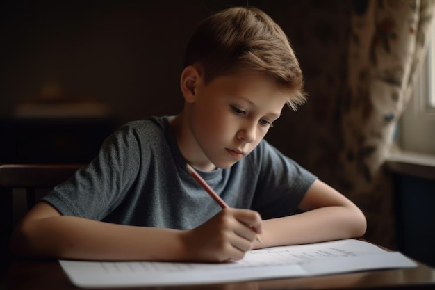 Photo d'un jeune garçon travaillant sur ses devoirs à la maison créé avec une IA générative