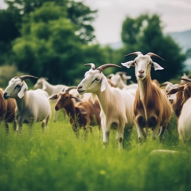 Photo jeune groupe de chèvres dans le champ