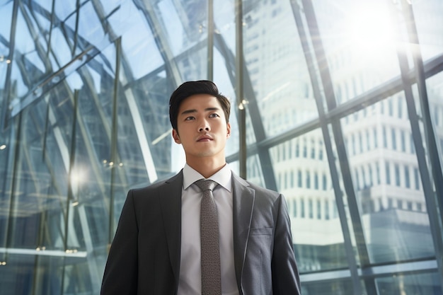 Photo photo jeune homme d'affaires asiatique avec bâtiment en verre