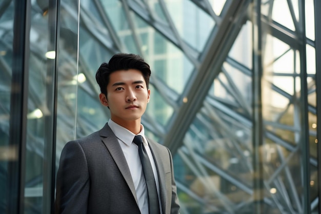 Photo photo jeune homme d'affaires asiatique avec bâtiment en verre