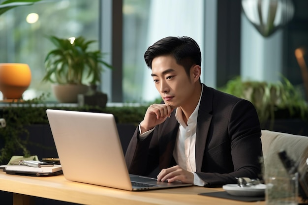 Une photo d'un jeune homme d'affaires asiatique occupé faisant un appel téléphonique tout en utilisant son ordinateur portable dans son bureau