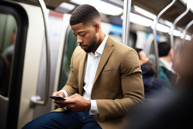 Photo d'un jeune homme d'affaires envoyant un SMS tout en prenant le métro créé avec une IA générative