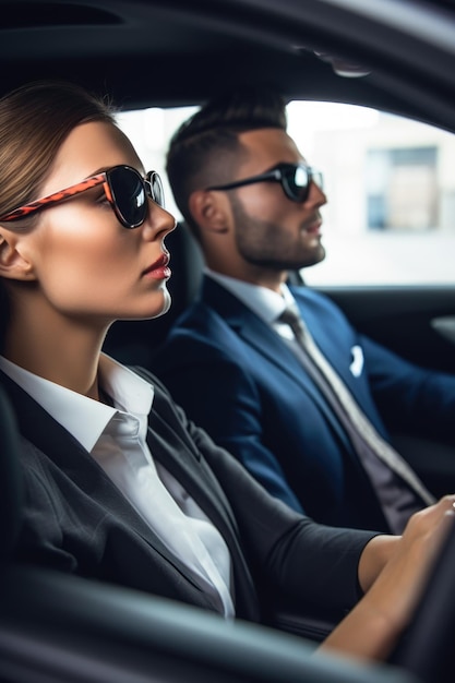 Photo d'un jeune homme d'affaires et d'une femme d'affaires conduisant dans une voiture créée avec une IA générative