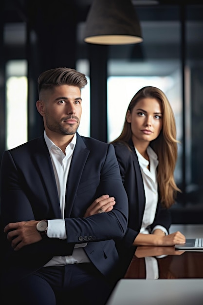 Une photo d'un jeune homme d'affaires et d'une jeune femme d'affaires au travail créée avec l'IA générative