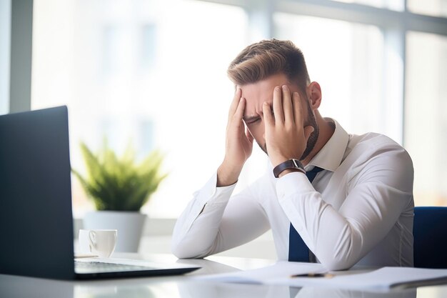 Une photo d'un jeune homme d'affaires stressé alors qu'il travaille sur un ordinateur dans un bureau