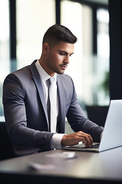 photo d'un jeune homme d'affaires utilisant un ordinateur portable dans un bureau créé avec une IA générative