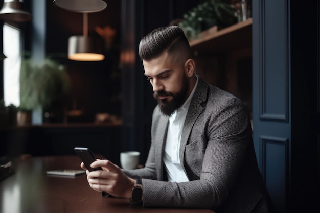 Photo d'un jeune homme d'affaires utilisant son téléphone portable tout en travaillant à domicile créé avec une IA générative