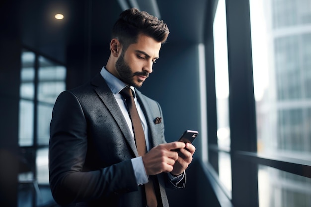 Une photo d'un jeune homme d'affaires utilisant un téléphone portable dans un bureau créé avec l'IA générative