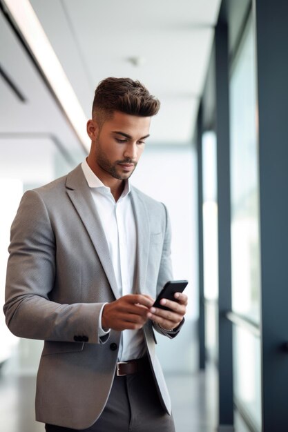 Photo d'un jeune homme d'affaires utilisant un téléphone portable dans un bureau moderne