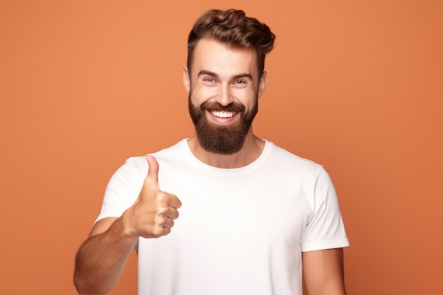 Une photo d'un jeune homme blanc avec une barbe portant un T-shirt blanc donnant un pouce en l'air