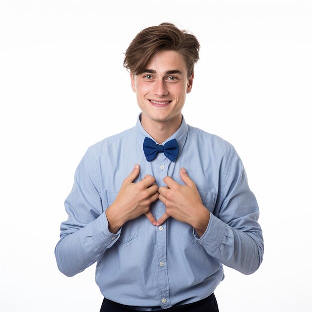 Photo d'un jeune homme en chemise bleue montrant un cœur avec ses mains