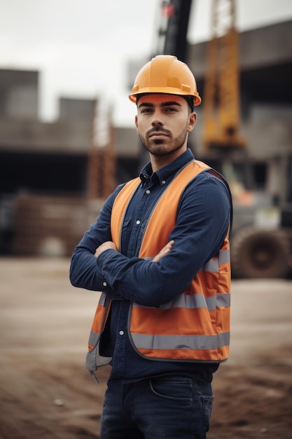 Photo d'un jeune homme debout sur un chantier de construction créé avec une IA générative