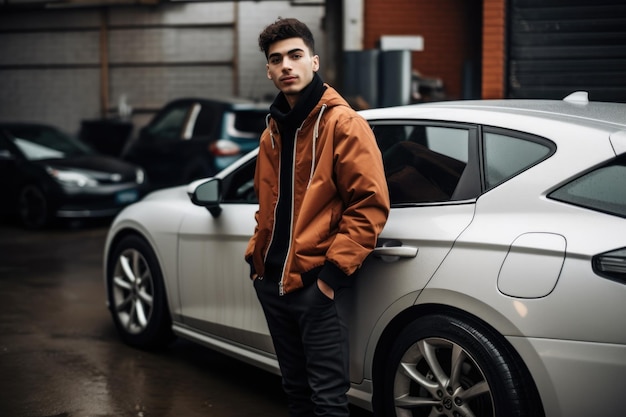 Photo d'un jeune homme debout à côté de sa voiture dans le garage créé avec une IA générative