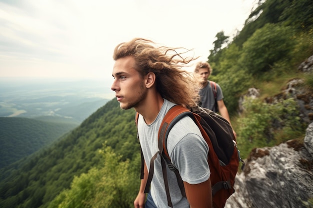 Photo d'un jeune homme descendant une falaise de montagne avec son ami créé avec une IA générative