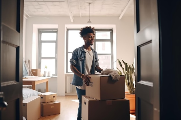 Photo photo d'un jeune homme emménageant dans sa nouvelle maison créée avec une ia générative