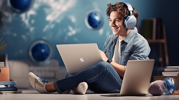 Photo d'un jeune homme, d'une jeune femme, d'un étudiant travaillant avec un ordinateur portable