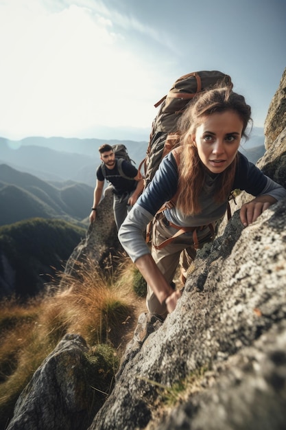 Une photo d'un jeune homme et d'une jeune femme grimpant dans les montagnes.