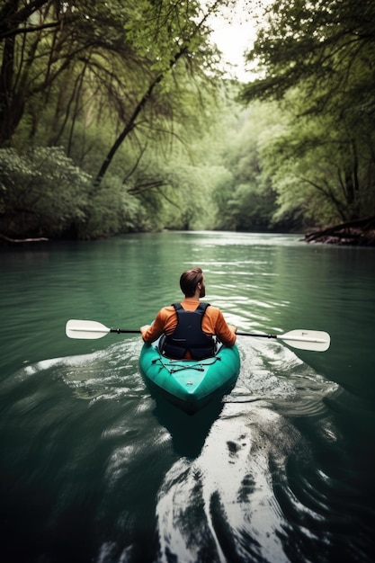 Une photo d'un jeune homme en kayak dans une rivière créée avec l'IA générative