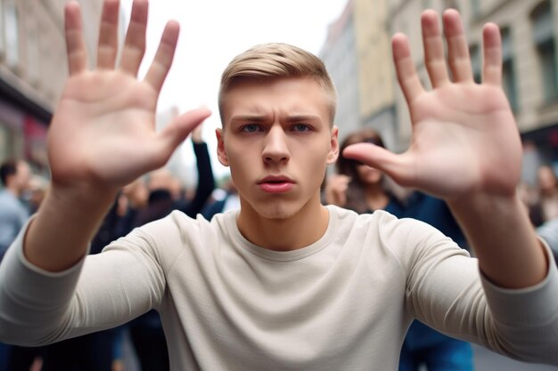 Photo une photo d'un jeune homme levant les mains en signe de protestation