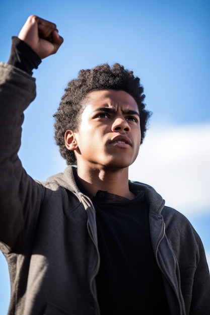 Une photo d'un jeune homme levant le poing en signe de défi et de solidarité.