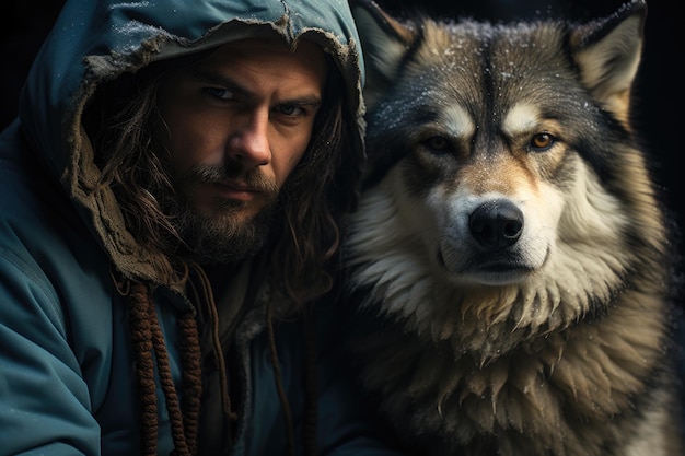 Une photo d'un jeune homme avec un loup dans la nature enneigée à la recherche d'une caméra IA générative