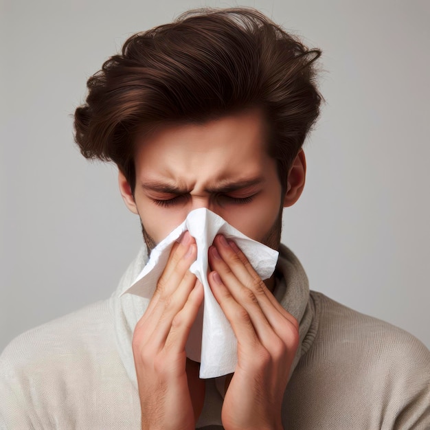 Photo photo d'un jeune homme malade éternuant dans une serviette en papier