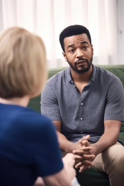 Une photo d'un jeune homme parlant à une femme plus âgée dans un groupe de soutien.