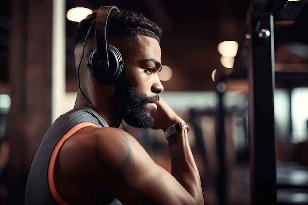 Photo d'un jeune homme portant des écouteurs tout en s'entraînant au gymnase créé avec une IA générative