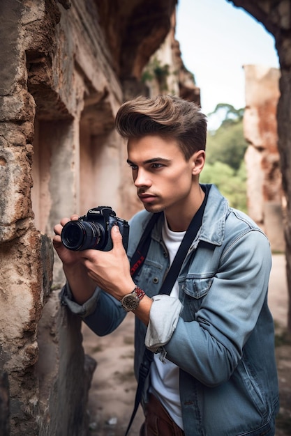 Une photo d'un jeune homme prenant une photo avec son appareil photo dans une ancienne ruine créée avec l'IA générative