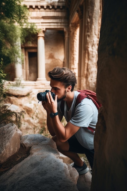 Une photo d'un jeune homme prenant des photos tout en explorant des ruines anciennes créées avec l'IA générative