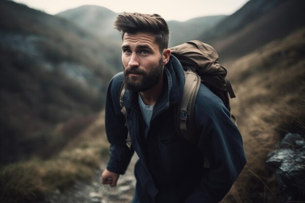 Photo d'un jeune homme en randonnée à travers les montagnes créée avec une IA générative